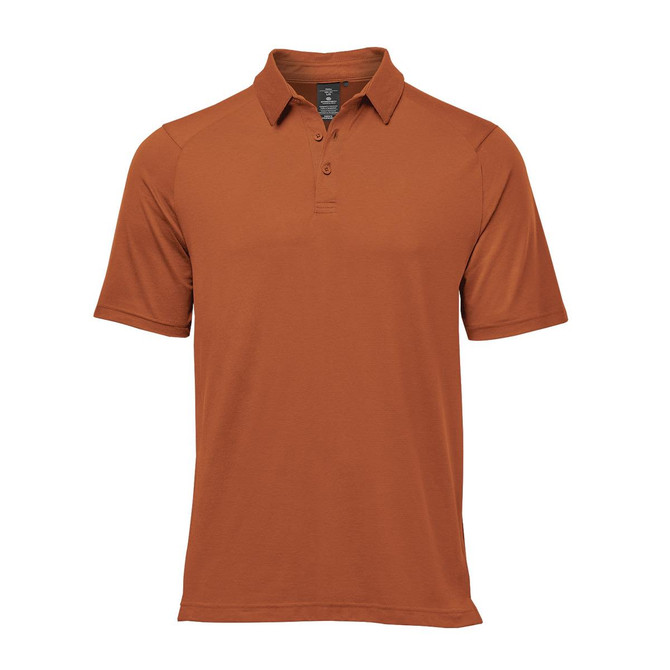 A short-sleeved polo shirt in a warm orange colour, featuring a collar and a logo on the chest.