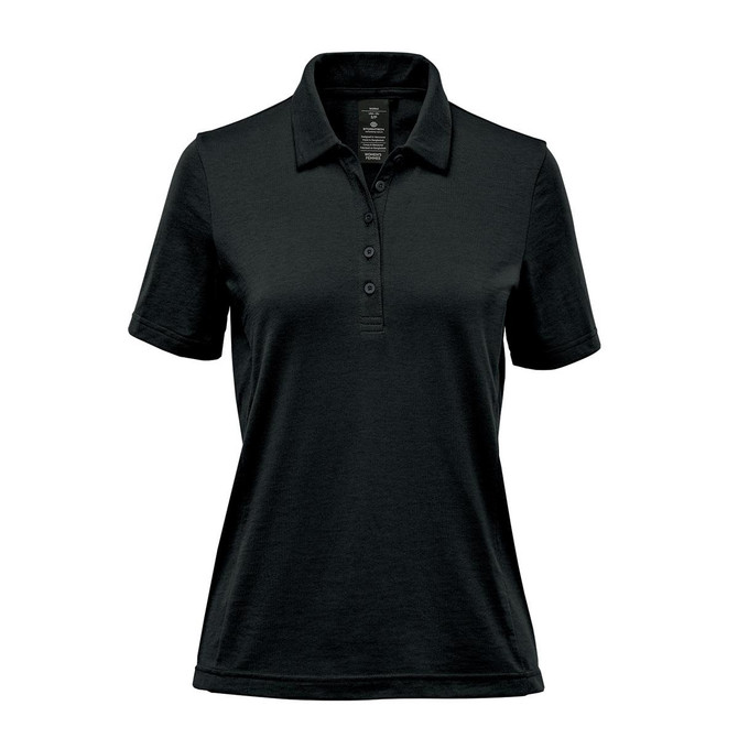 A black polo shirt featuring a collar, short sleeves, and a button placket. It has a logo on it.
