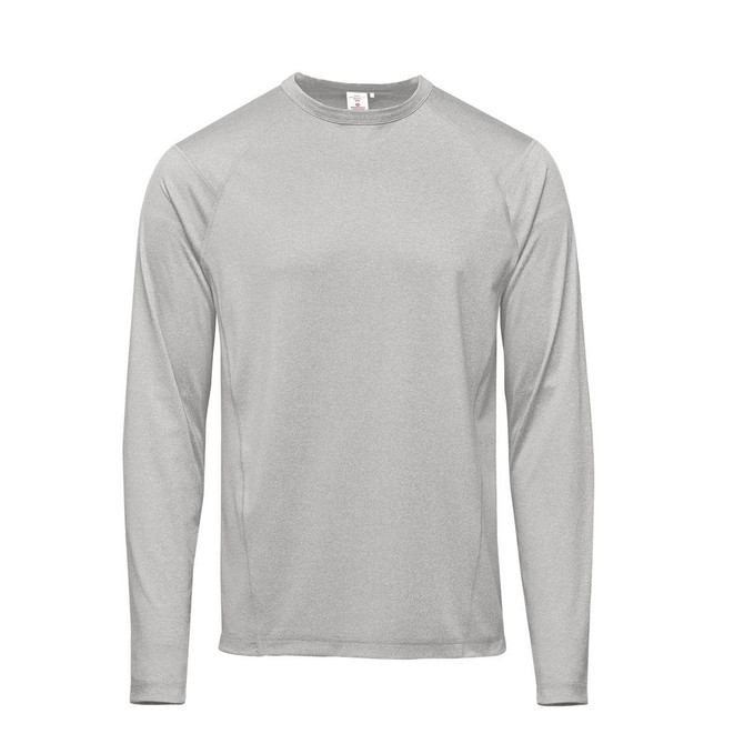 A long-sleeve grey T-shirt featuring a sleek design and a logo. Ideal for casual wear.
