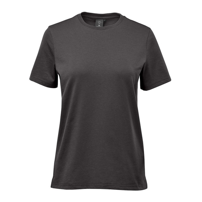 A grey women's t-shirt with short sleeves, featuring a plain design and a logo on the label.