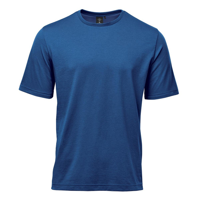 A blue men's t-shirt with short sleeves, featuring a logo on the front.