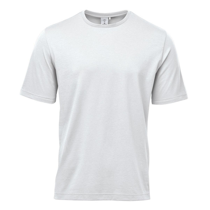 A plain white men's t-shirt with short sleeves, featuring a logo on the label.