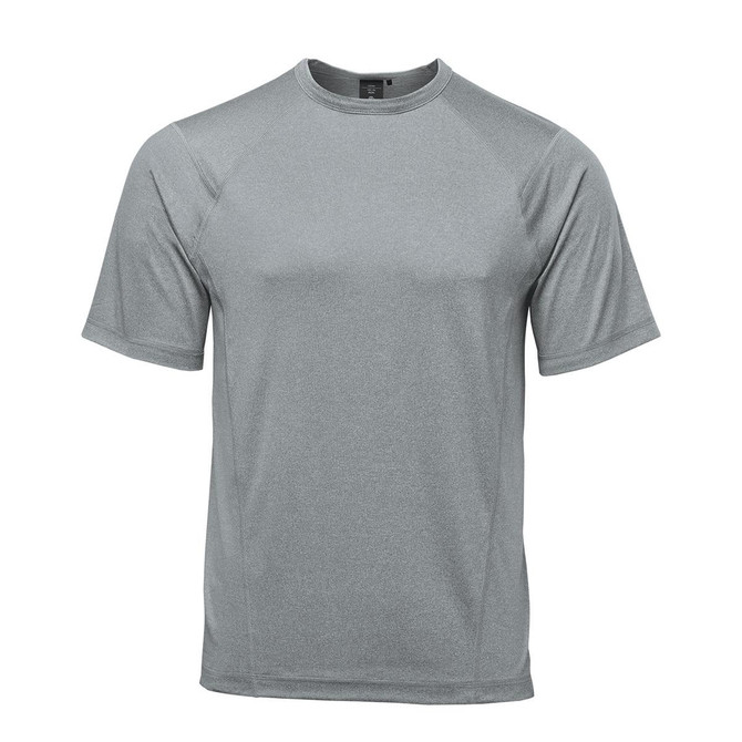 A grey men's short-sleeve T-shirt made from H2X-Dry fabric, featuring a logo on the front.