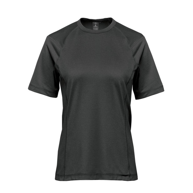 A women's short-sleeve t-shirt in dark green, featuring a logo on the front.
