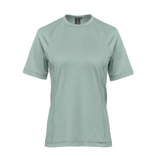 A light green women's t-shirt with short sleeves, featuring a logo on the label.
