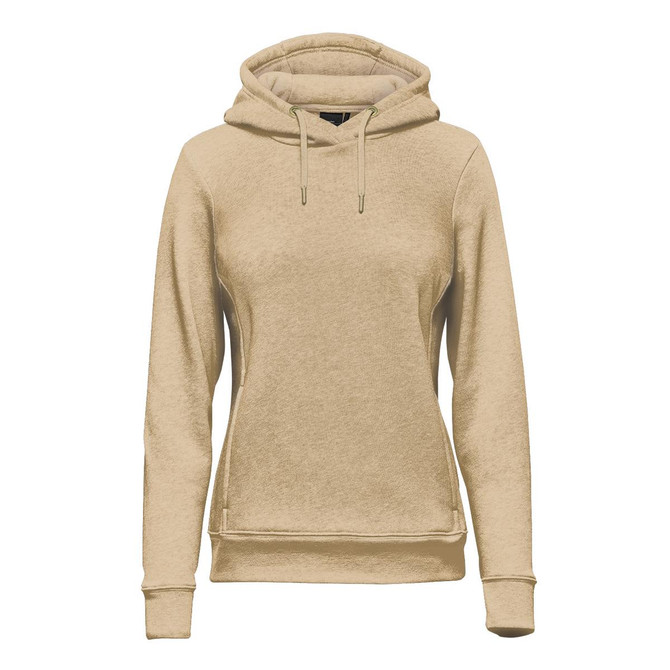 A beige women's fleece pullover hoodie with a hood, featuring a front pocket and a logo.