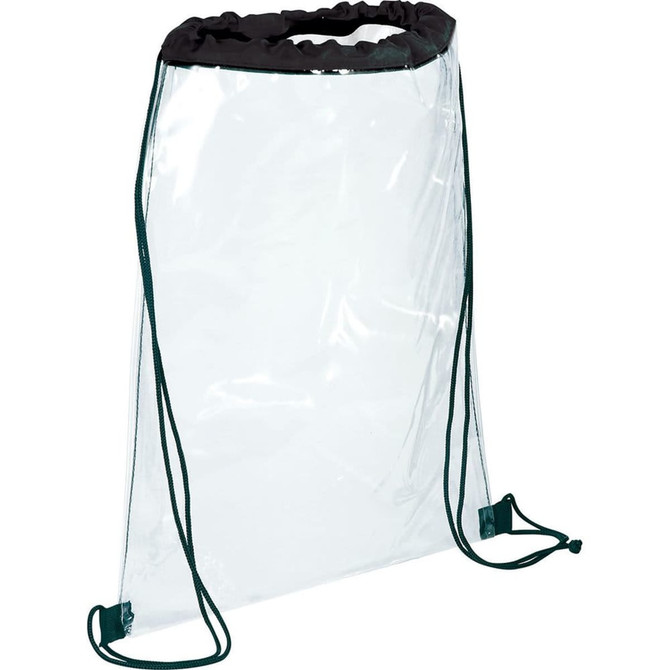 A clear drawstring sportspack with a black trim and green cords. It features a logo on the front.