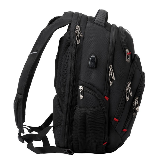 A black backpack with multiple zippers and pockets, featuring padded straps and a logo.