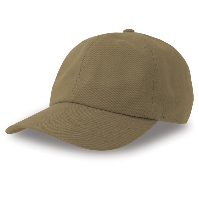 A khaki dad hat made from organic and recycled cotton, featuring a curved brim and a logo.