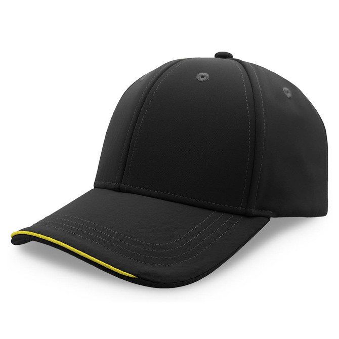 A black cap with a curved brim and yellow detailing, featuring a logo.