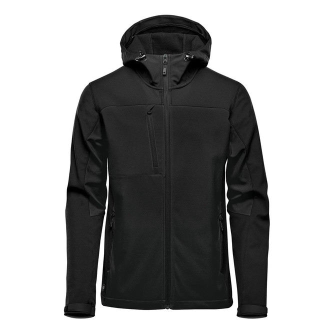 A black softshell hooded jacket with a zippered front, featuring pockets and a logo.