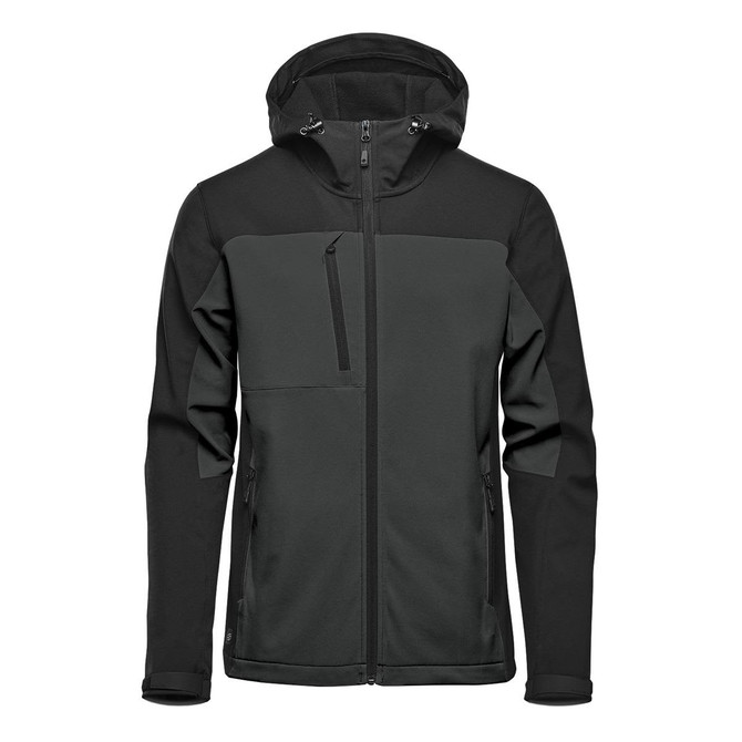 A softshell jacket featuring a hood, with a dominant dark green and black colour scheme. Includes a logo.