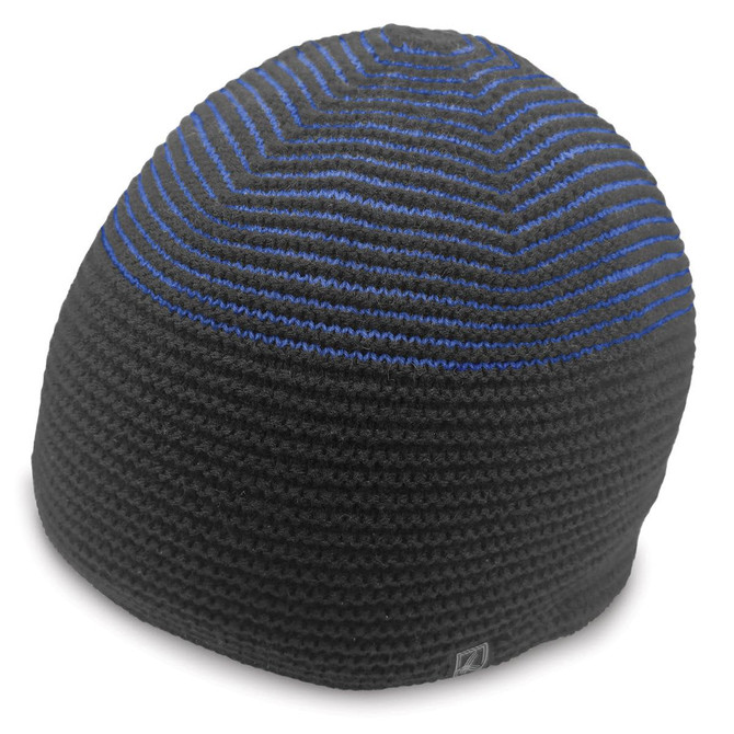 A black beanie with blue stripes and a logo on the side, designed for headwear.