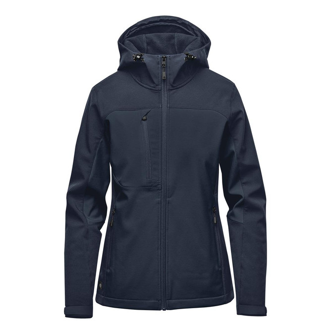A women's navy softshell jacket with a hood, featuring zippered pockets and a logo.