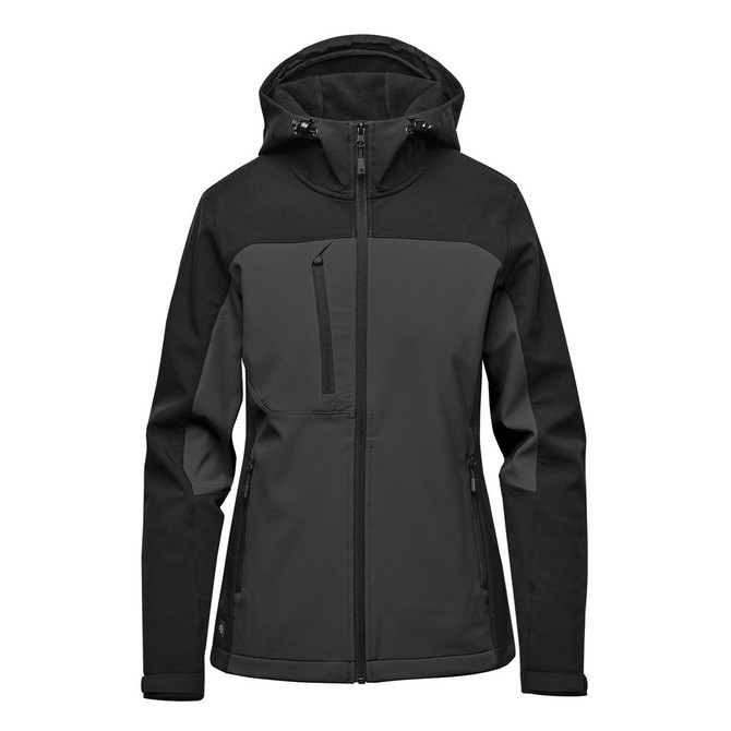 A women's hooded softshell jacket in dark green and black, featuring a front zip, pockets, and a hood.