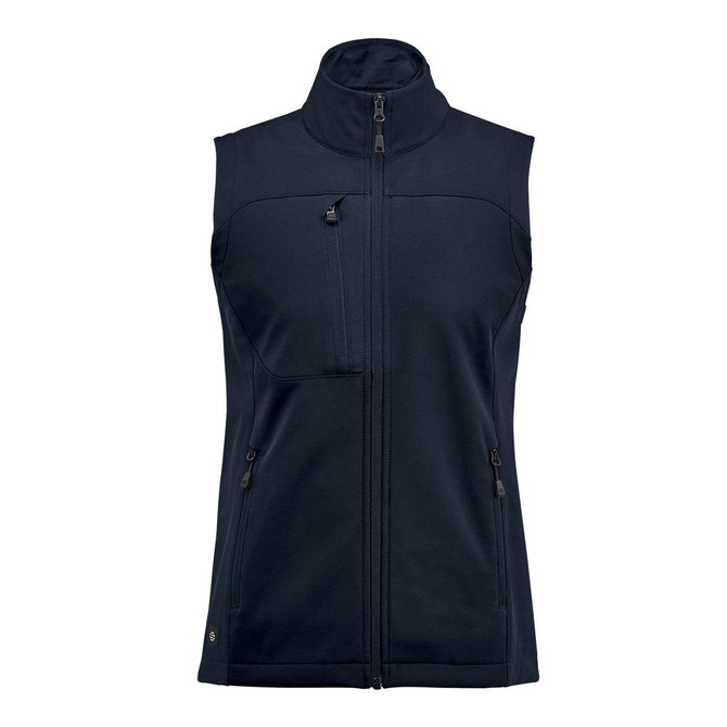 A women's navy softshell vest with a high collar, zippered pockets, and a subtle logo.
