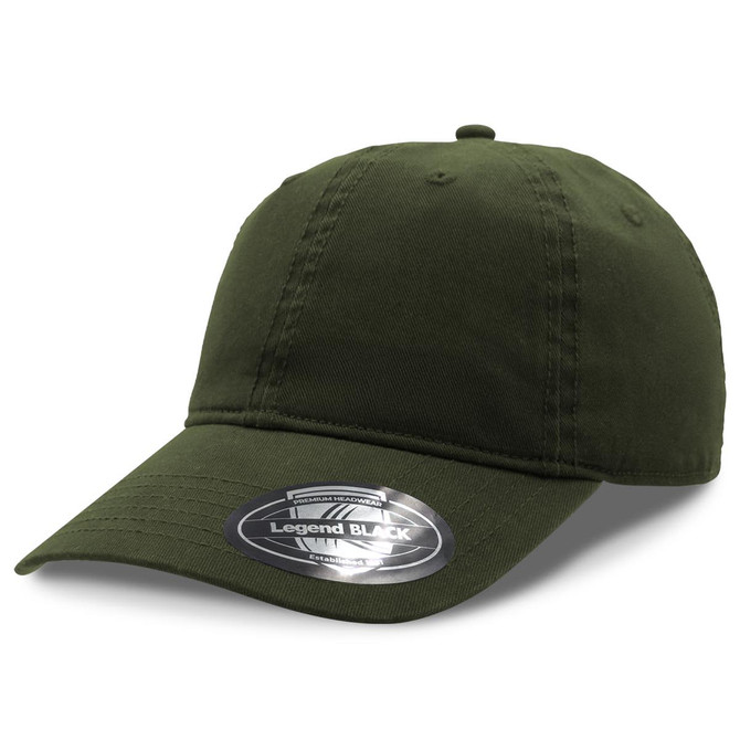 A dark green cap with a curved brim and a branded sticker on the underside.