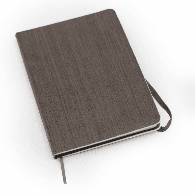 A brown eco notebook with a textured cover and a matching ribbon bookmark. It also features a logo.