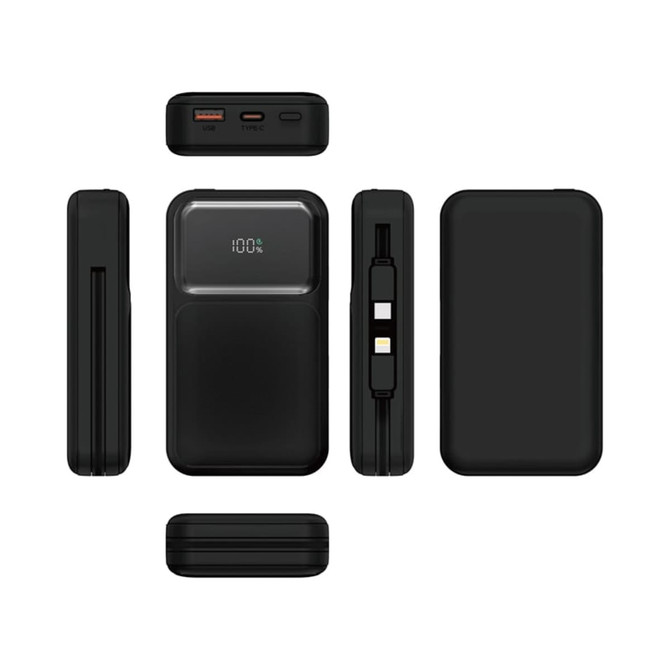 A black power bank featuring a retractable cable and digital display, showcasing multiple angles of the product.