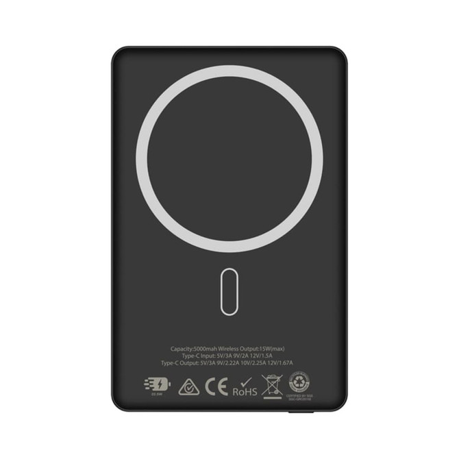 A black MagSafe power bank with a capacity of 5000 mAh, featuring a circular charging area and a branding logo.