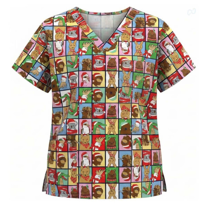 A vibrant unisex Christmas scrub top featuring a colourful patchwork of festive characters and designs. It has a logo emblem.