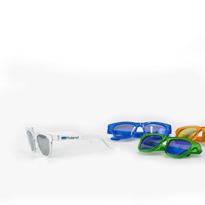 A pair of white sunglasses and three additional pairs in blue, green, and orange, each with blue lenses.