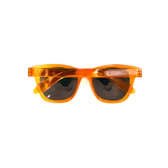 Bright orange polarised sunglasses with dark lenses, featuring a sleek design and a logo on the side.