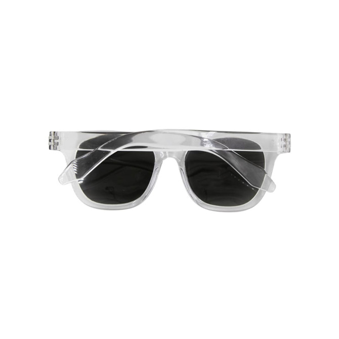 Clear-frame sunglasses with dark lenses and a modern design, featuring a logo on the side.