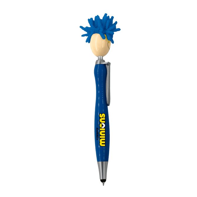A blue pen featuring a whimsical mop head design, with a stylus tip and a logo on the body.