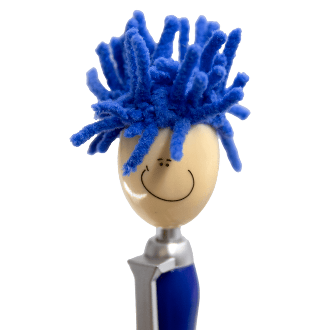 A pen with a smiling face, featuring a blue mop-like head made of chenille, and a silver grip.