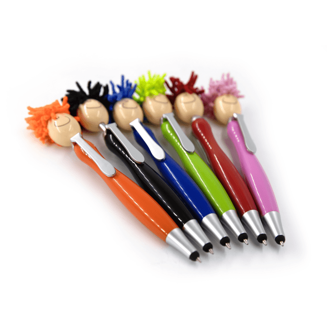 A set of colourful Mop Head Pens with stylus tips in various vibrant colours, each topped with a playful, fuzzy head.