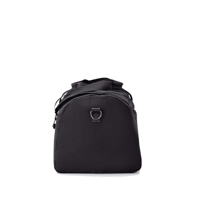 A black duffel bag with a sturdy design and a metal ring feature, ideal for carrying various items.