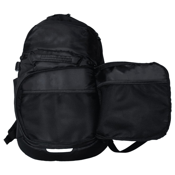 A black backpack with a front pocket, featuring a logo. It has a sleek design suitable for travel.