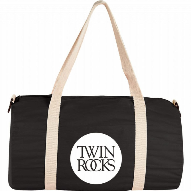 A black barrel duffel bag with cream straps and a logo on the front.