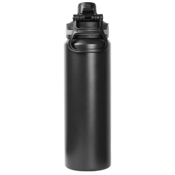 A drink bottle in matte black finish, featuring a flip-top lid and a logo on the side. Holds 800ml.