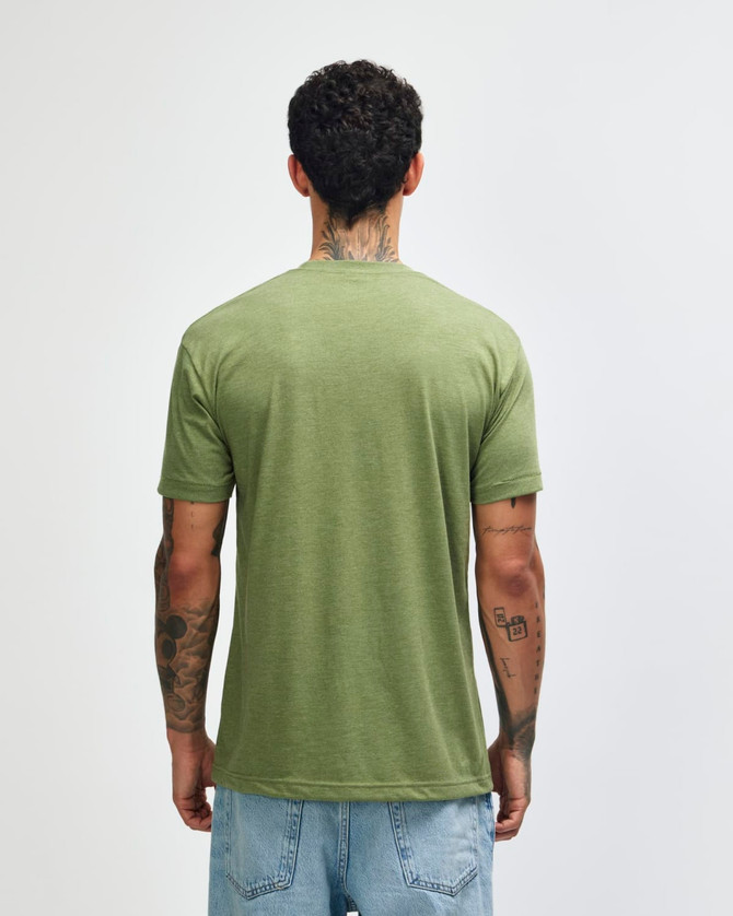 A green unisex T-shirt made from a tri-blend fabric, featuring a back view of the wearer.