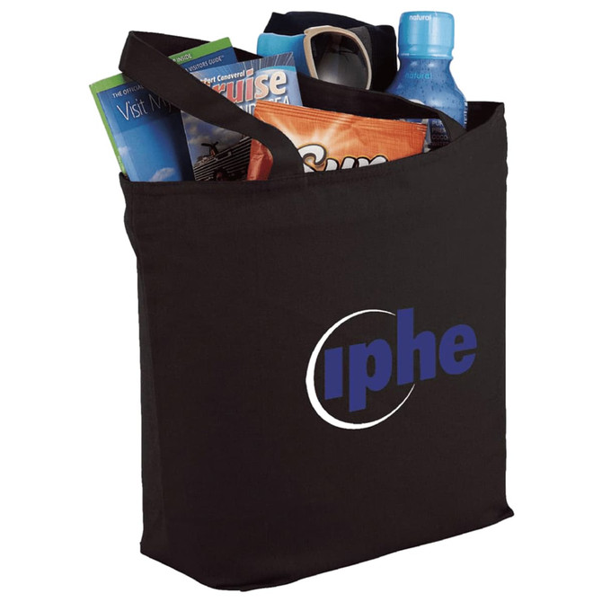 A black zippered tote bag filled with a drink bottle, snacks, and brochures, featuring a logo on the front.