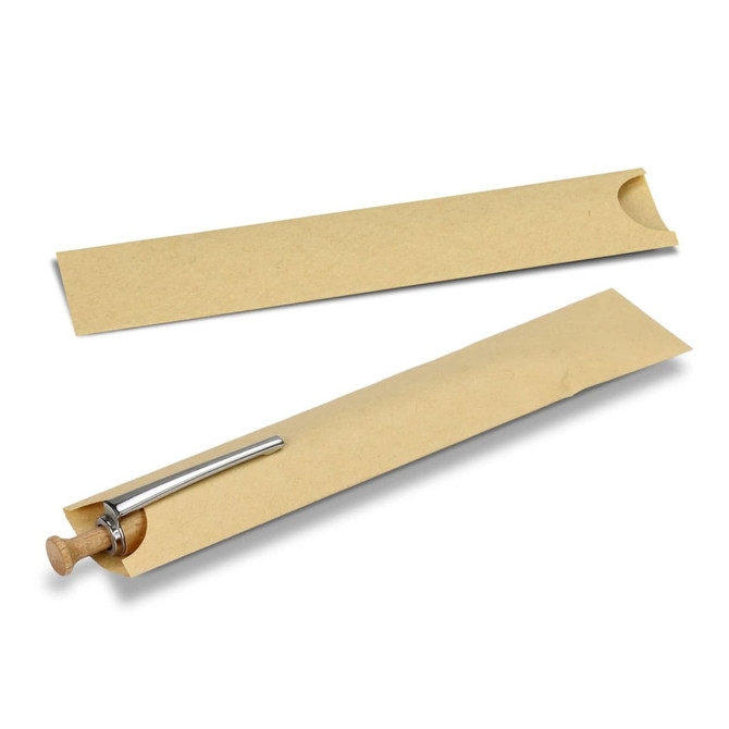 A Kraft paper pen sleeve in a light brown colour, containing a pen with a wooden cap and metallic tip.
