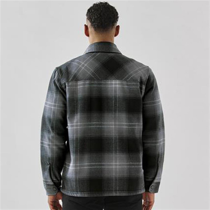A plaid jacket with a Sherpa lining in shades of grey, featuring a collar and long sleeves. The back view is shown.
