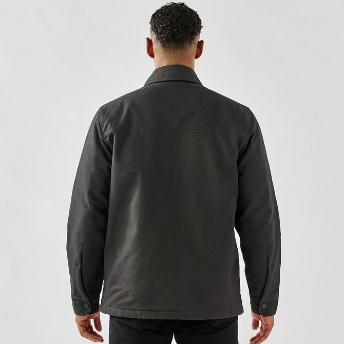 A men's oxide Sherpa lined canvas jacket in dark grey, featuring a collar and long sleeves.