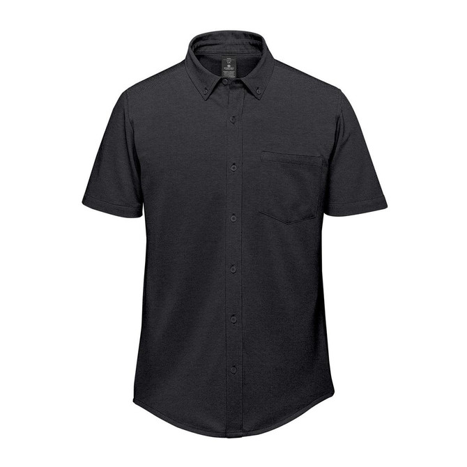 A black short sleeve knit shirt with a collared neckline and a single chest pocket, featuring a logo.