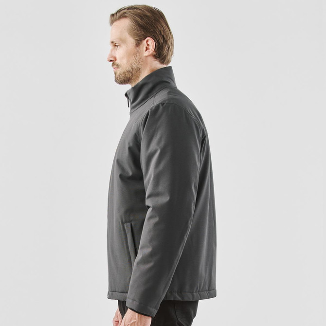 A grey men's Athabasca thermal jacket, featuring a zip closure and a standing collar, displayed from the side.