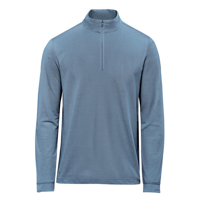 A men's pullover in a soft blue shade with a quarter zip and long sleeves; features a logo.