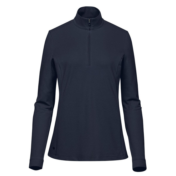 A navy women's pullover with a 1/4 zip and long sleeves, featuring a small logo on the side.