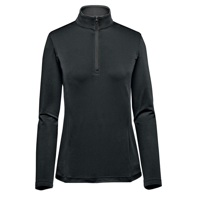 A Women's Zermatt 1/4 Zip Pullover in black with a high neck and long sleeves, featuring a zipper at the collar.