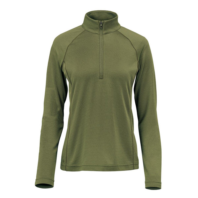 A women's pullover in olive green with a quarter zip and long sleeves, featuring a logo on the front.