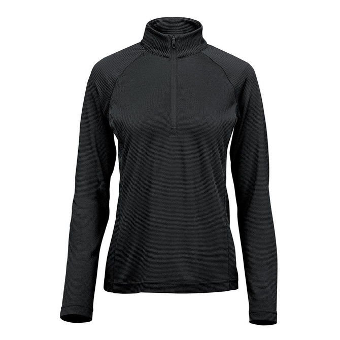A black women's pullover with a quarter zip and long sleeves, featuring a subtle texture and a logo.
