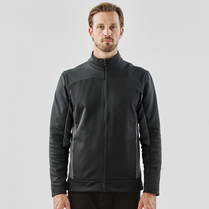 A men's knit jacket in black with a zippered front and a high collar, featuring a logo on the side.