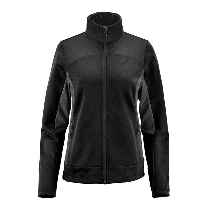 A women's black knit jacket with a high collar and zippered front, featuring contrasting panel details and pockets.