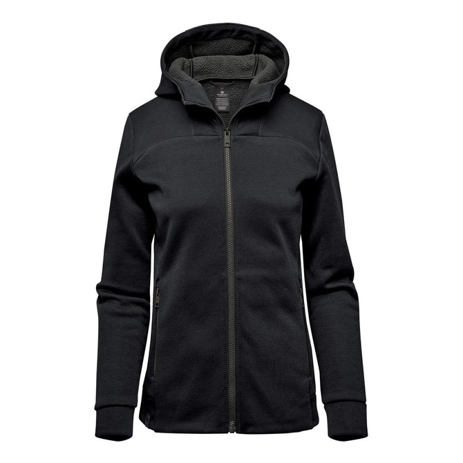 A women's black Antares Performance Hoody with a zip front and hood, featuring a soft inner lining.